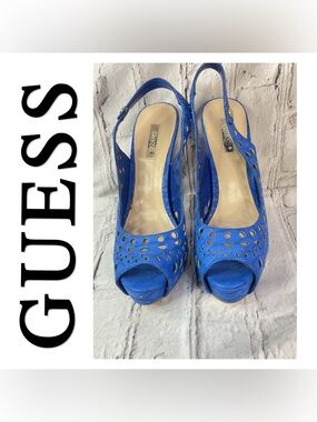 . 🌟🌟 GUESS Royal Blue Cutout Peep-Toe Slingback Heels